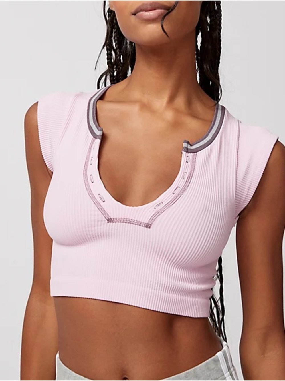 Urban Outfitters Ribbed Scoop Crop Top in Light Pink with Gray Trim
